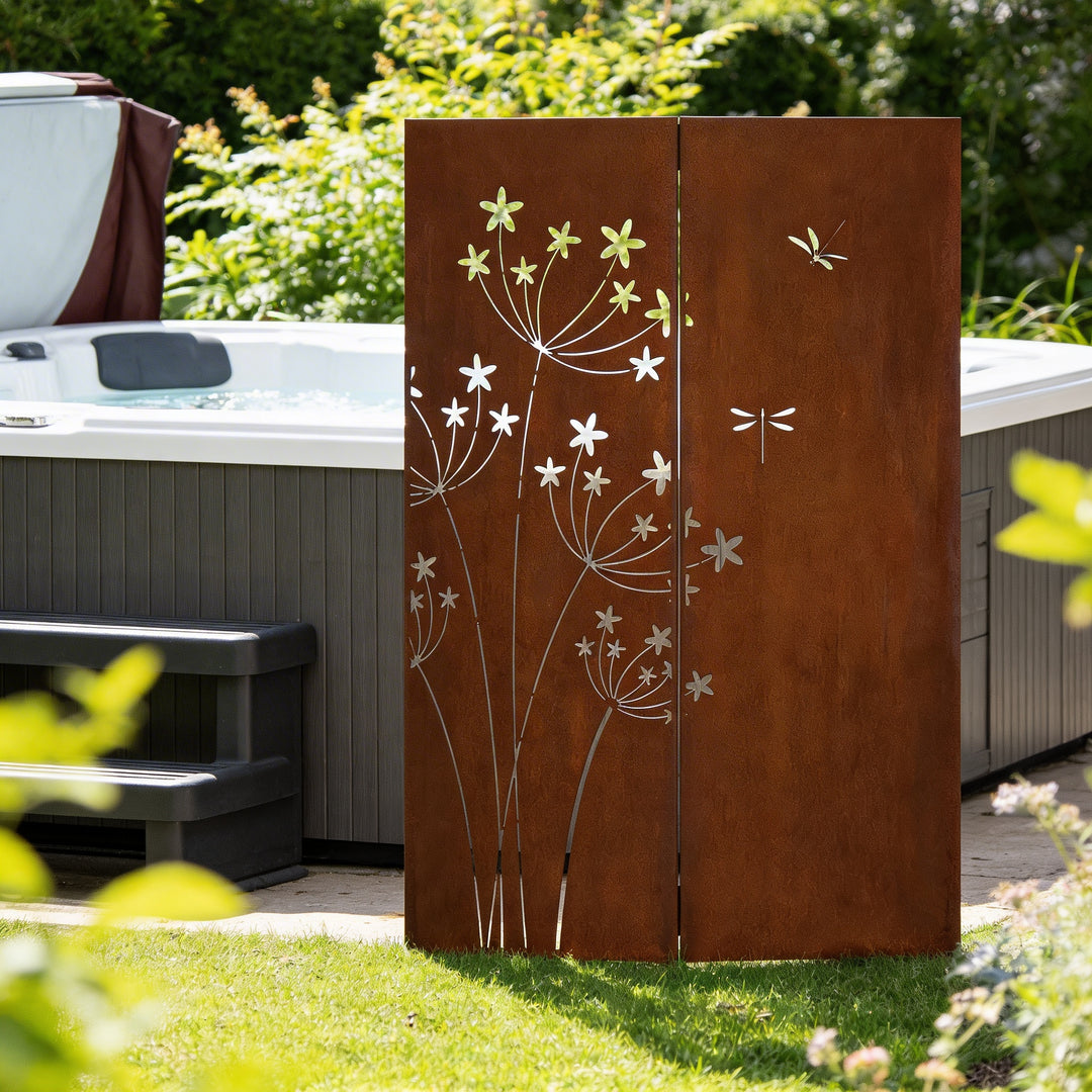 3er-Set Sichtschutz Gartenpaneel Metall – Motiv Pusteblume, 160 × 50 cm