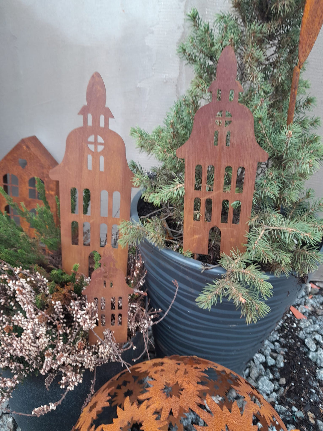 Set of Rusty Metal Garden Stakes - Houses