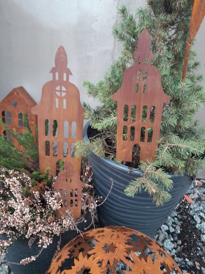 Set of Rusty Metal Garden Stakes - Houses