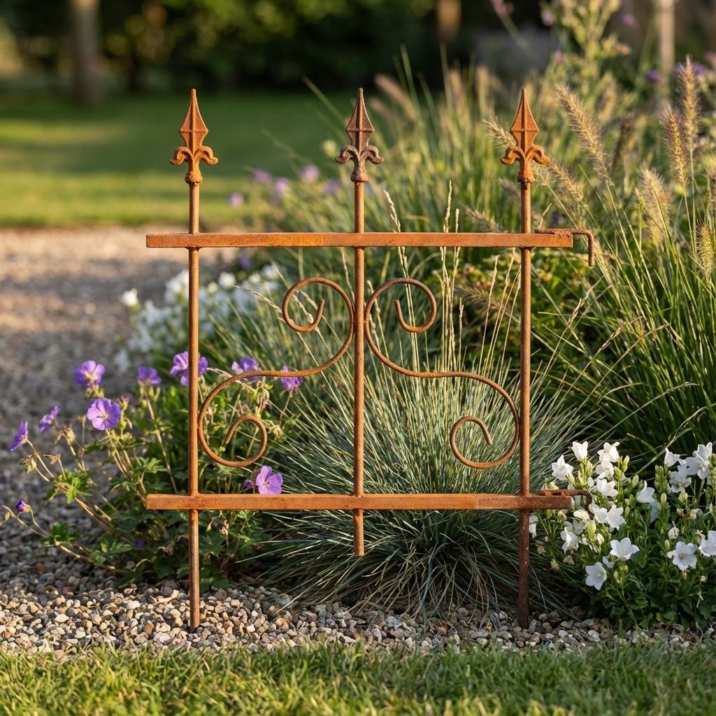 Gartenzaun Element Metall Rostoptik 46 × 60 cm – Dekorative Beeteinfassung mit Muster