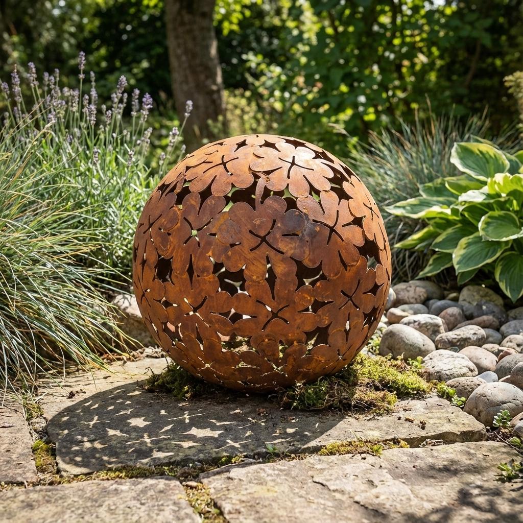 Gartenkugel "Kleeblatt" – Rost-Deko aus Stahl mit Kleeblatt-Ornament