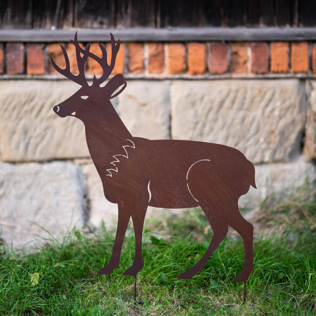 Edelrost Gartenfigur Hirsch – Metallfigur auf Einschlagbeinen, 75 cm