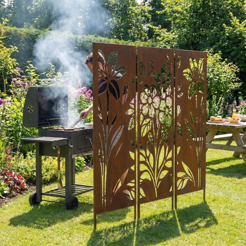 3er-Set Sichtschutz Gartenpaneel Metall – Motiv Blumen, 160 × 50 cm