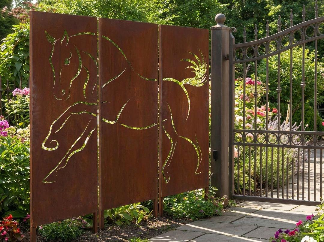 3er-Set Sichtschutz Gartenpaneel Metall – Motiv Pferd, 160 × 50 cm