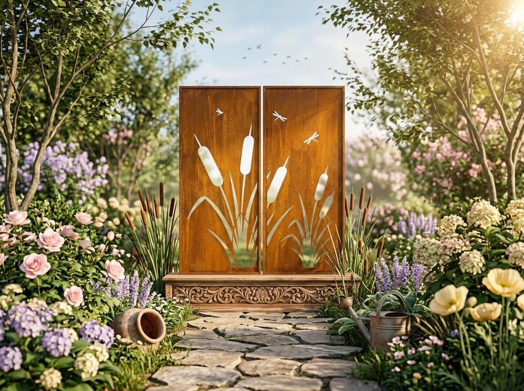 2er-Set Sichtschutz Gartenpaneel Metall – Motiv Schilfgras, 160 × 50 cm