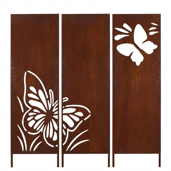 3er-Set Sichtschutz Gartenpaneel Metall – Motiv Schmetterlinge, 160 × 50 cm