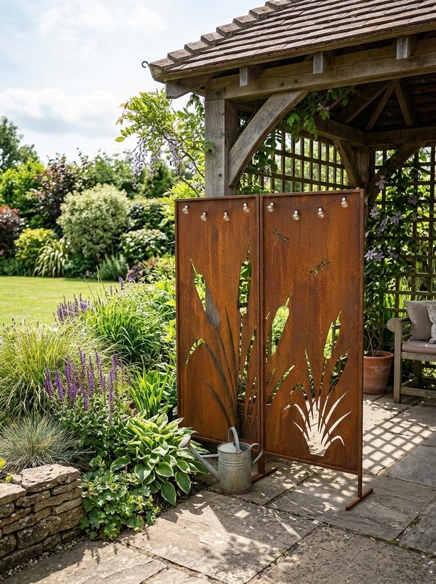 2er-Set Sichtschutz Gartenpaneel Metall – Motiv Schilfgras, 160 × 50 cm