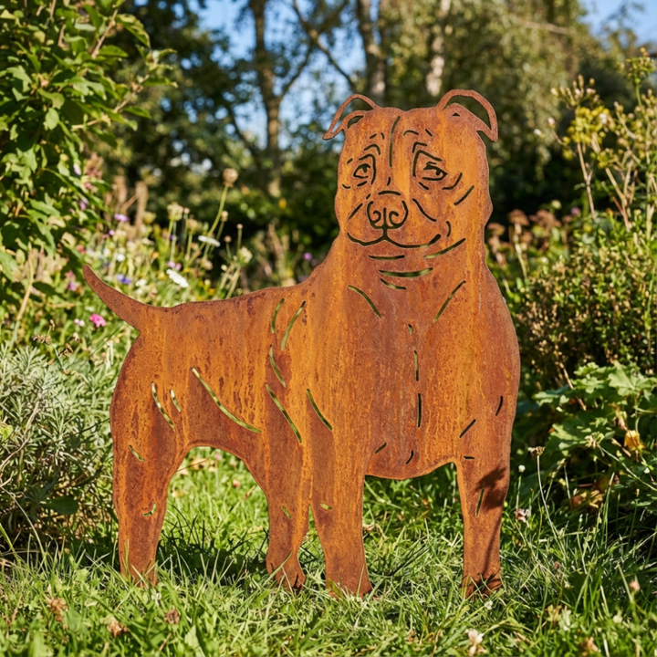 Edelrost Gartenstecker Amerikanischer Staffordshire Terrier – Hundesilhouette aus Metall, 38 cm