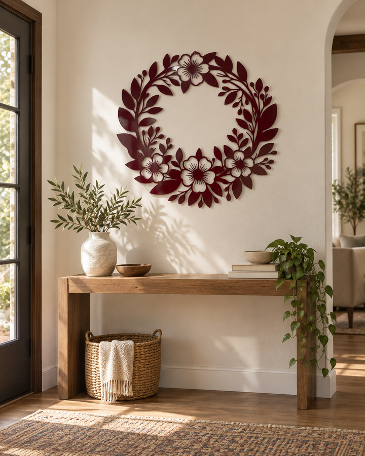 Dekorativer Metallkranz mit Blumen und Blättern – Tür oder Wandschmuck, Ø 44 cm