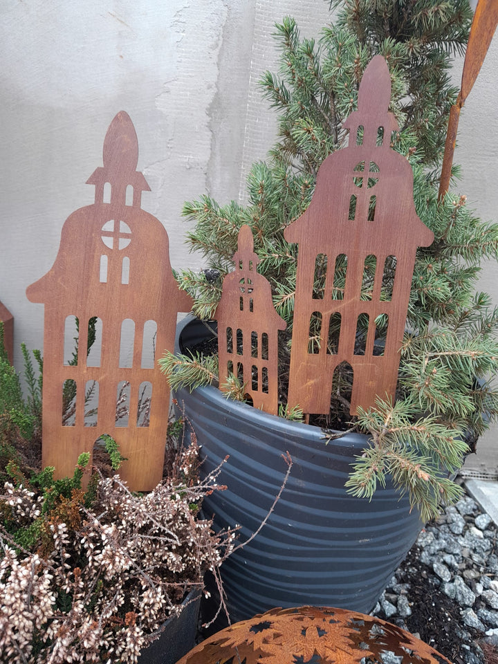 Set of Rusty Metal Garden Stakes - Houses