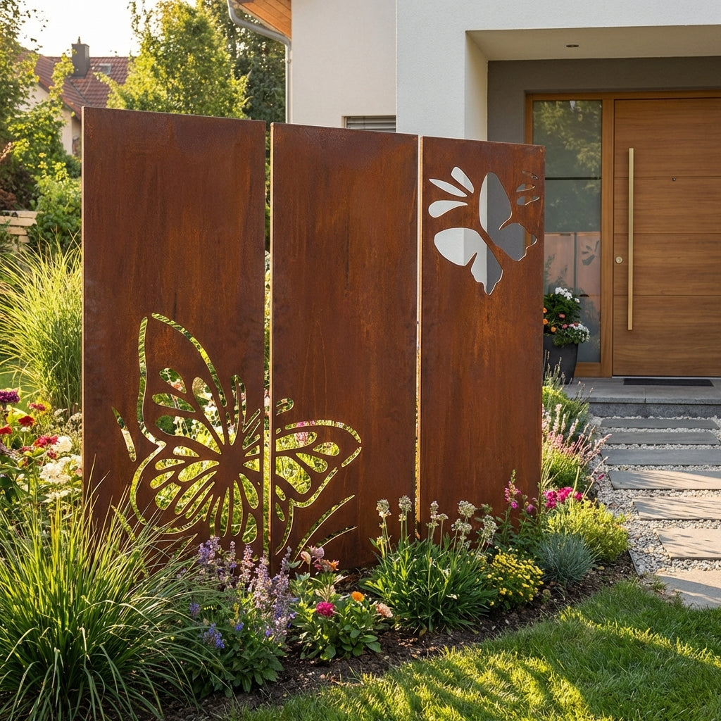 3er-Set Sichtschutz Gartenpaneel Metall – Motiv Schmetterlinge, 160 × 50 cm