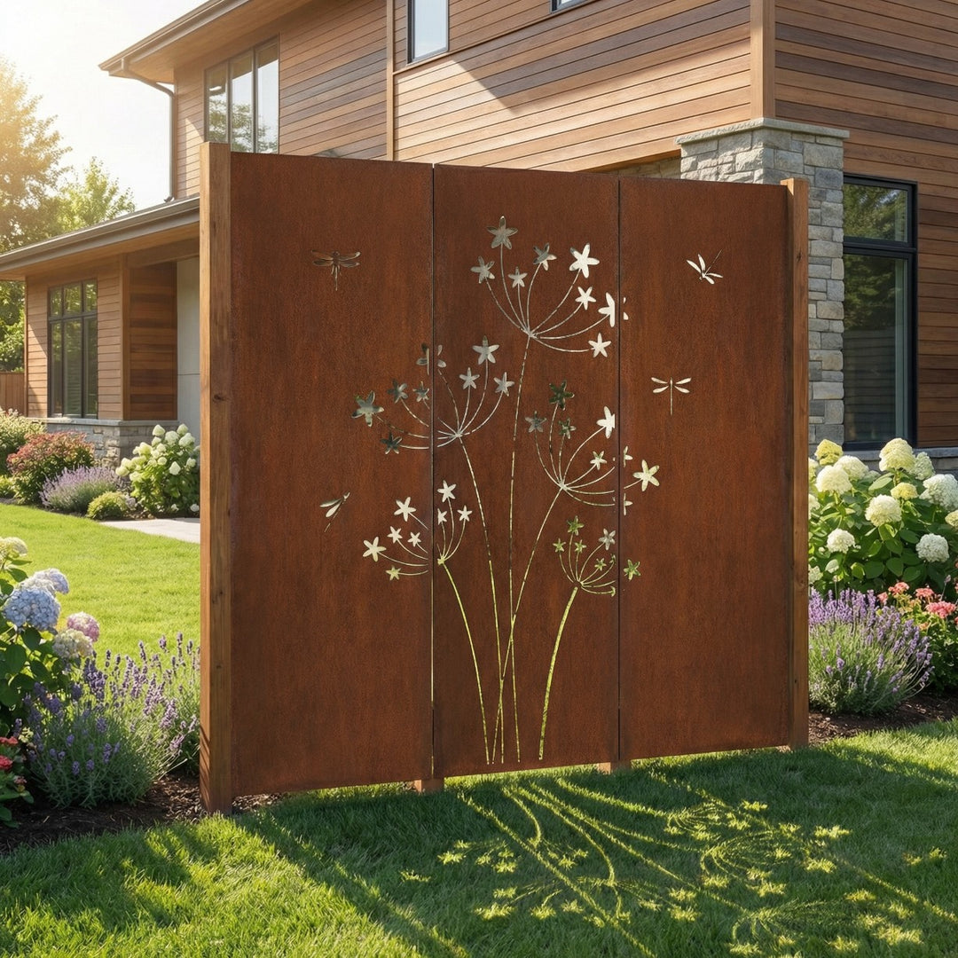 3er-Set Sichtschutz Gartenpaneel Metall – Motiv Pusteblume, 160 × 50 cm