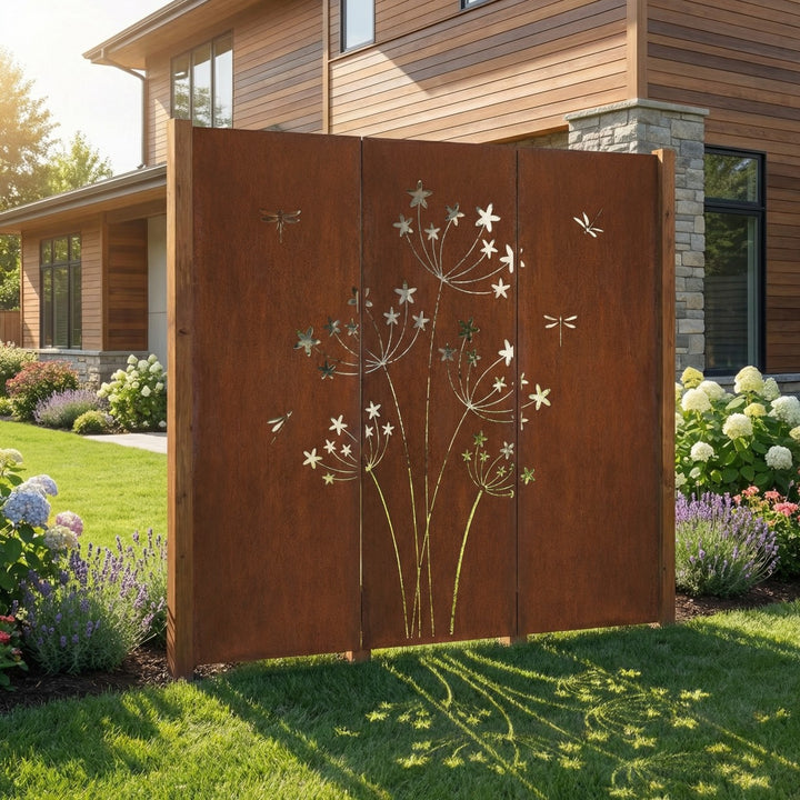 3er-Set Sichtschutz Gartenpaneel Metall – Motiv Pusteblume, 160 × 50 cm
