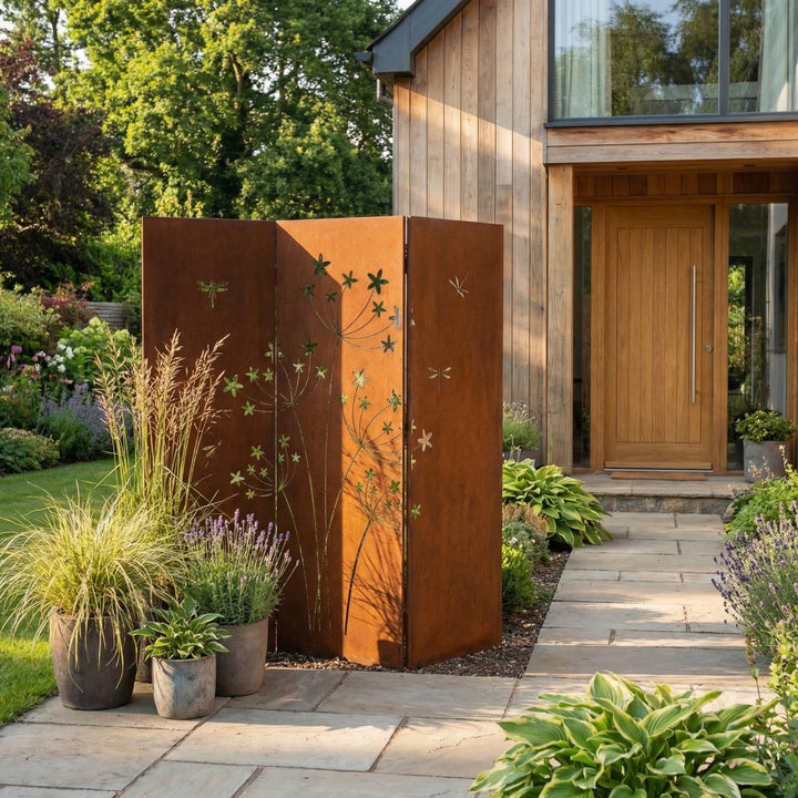3er-Set Sichtschutz Gartenpaneel Metall – Motiv Pusteblume, 160 × 50 cm