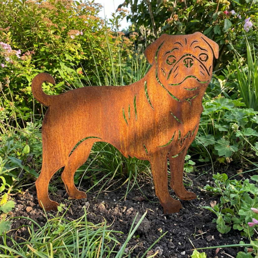 Edelrost Gartenstecker Mops – Hundesilhouette aus Metall