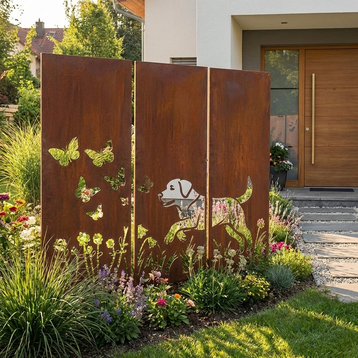 3er-Set Sichtschutz Gartenpaneel Metall – Motiv Hund, 160 × 50 cm