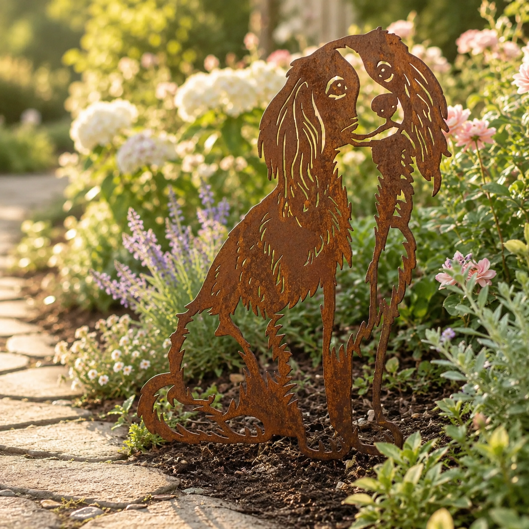 Edelrost Gartenstecker Kooikerhondje – Hundesilhouette aus Metall 46 cm
