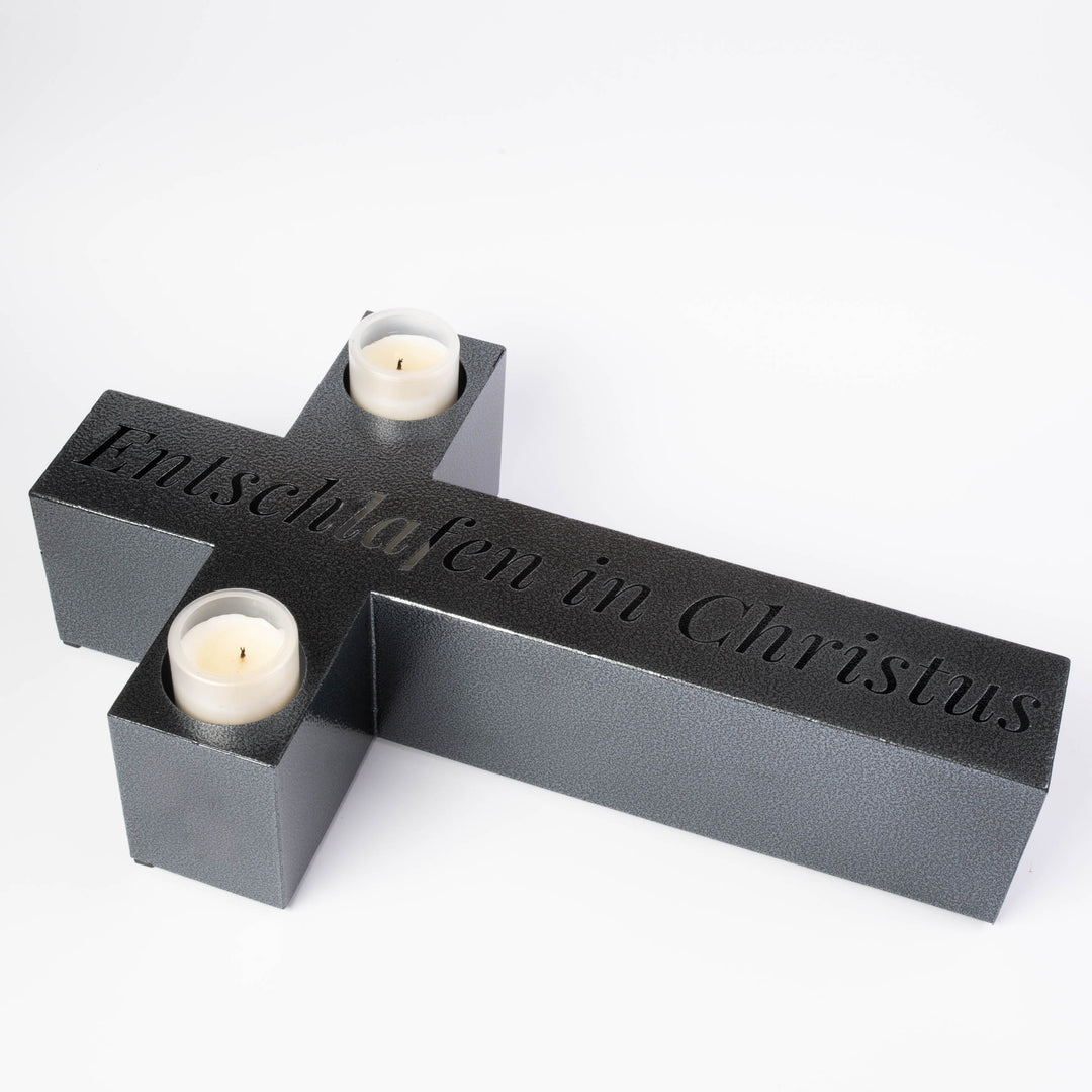 Große Grablicht Kreuz Grabschmuck 50 × 30 cm Marmor – Entschlafen in Christus