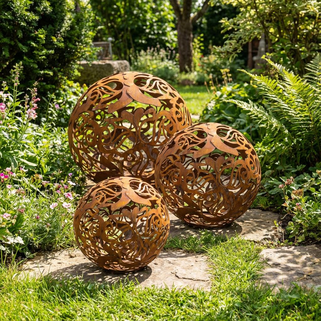 Gartenkugel "Rosenranke" – Rost-Deko aus Stahl mit Rosen-Ornament