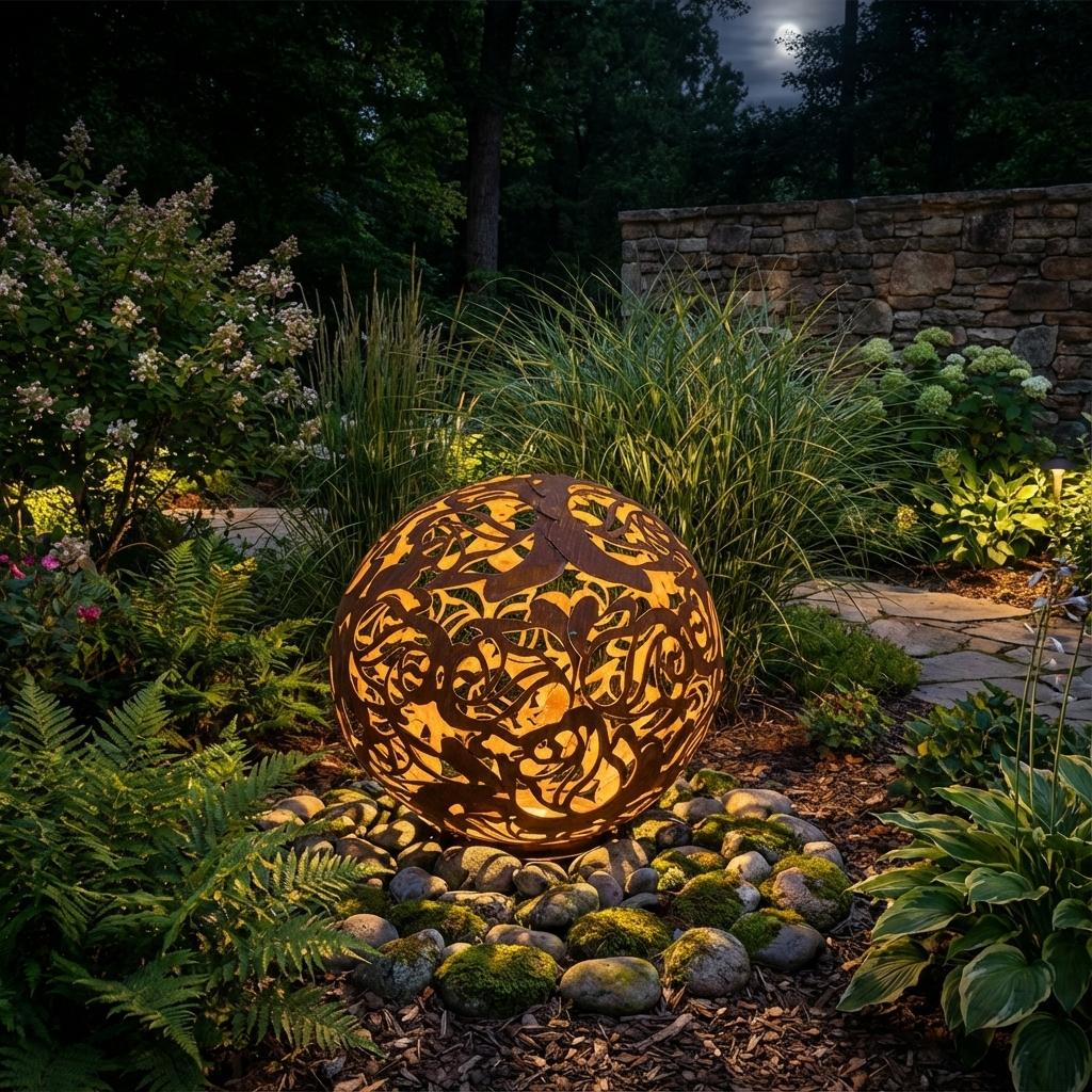 Gartenkugel "Rosenranke" – Rost-Deko aus Stahl mit Rosen-Ornament
