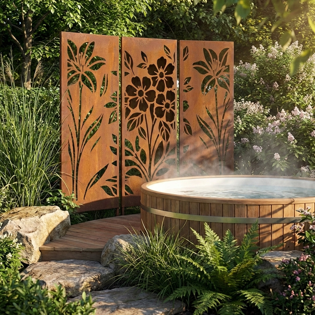 3er-Set Sichtschutz Gartenpaneel Metall – Motiv Blumen, 160 × 50 cm