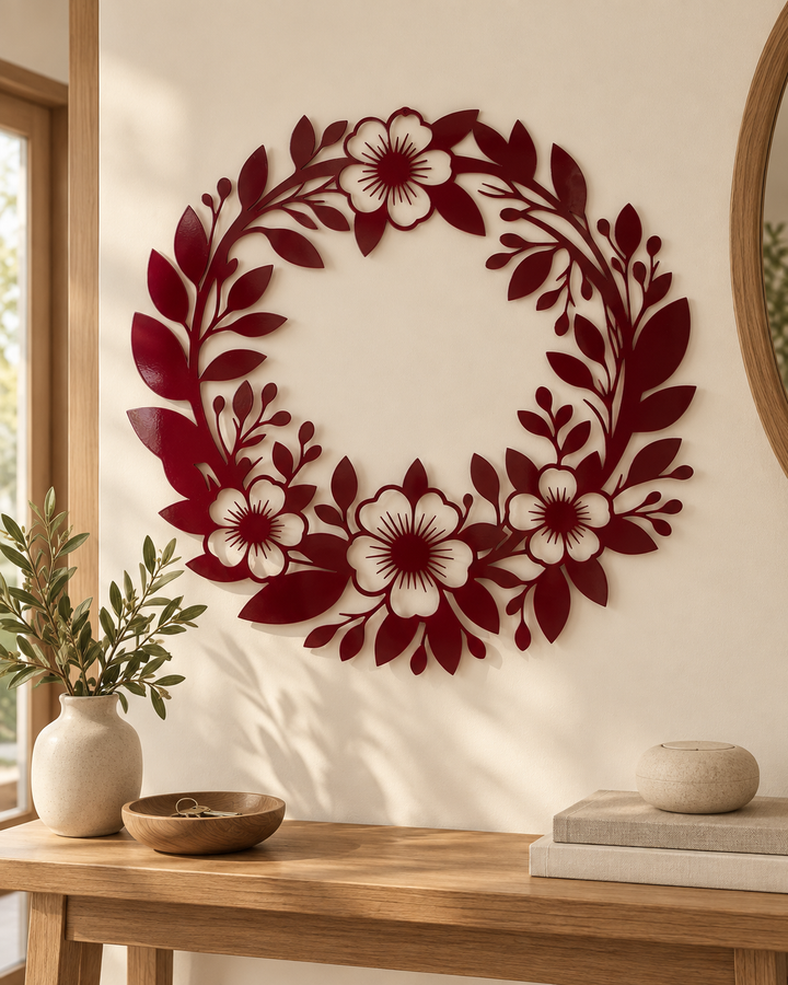 Dekorativer Metallkranz mit Blumen und Blättern – Tür oder Wandschmuck, Ø 44 cm