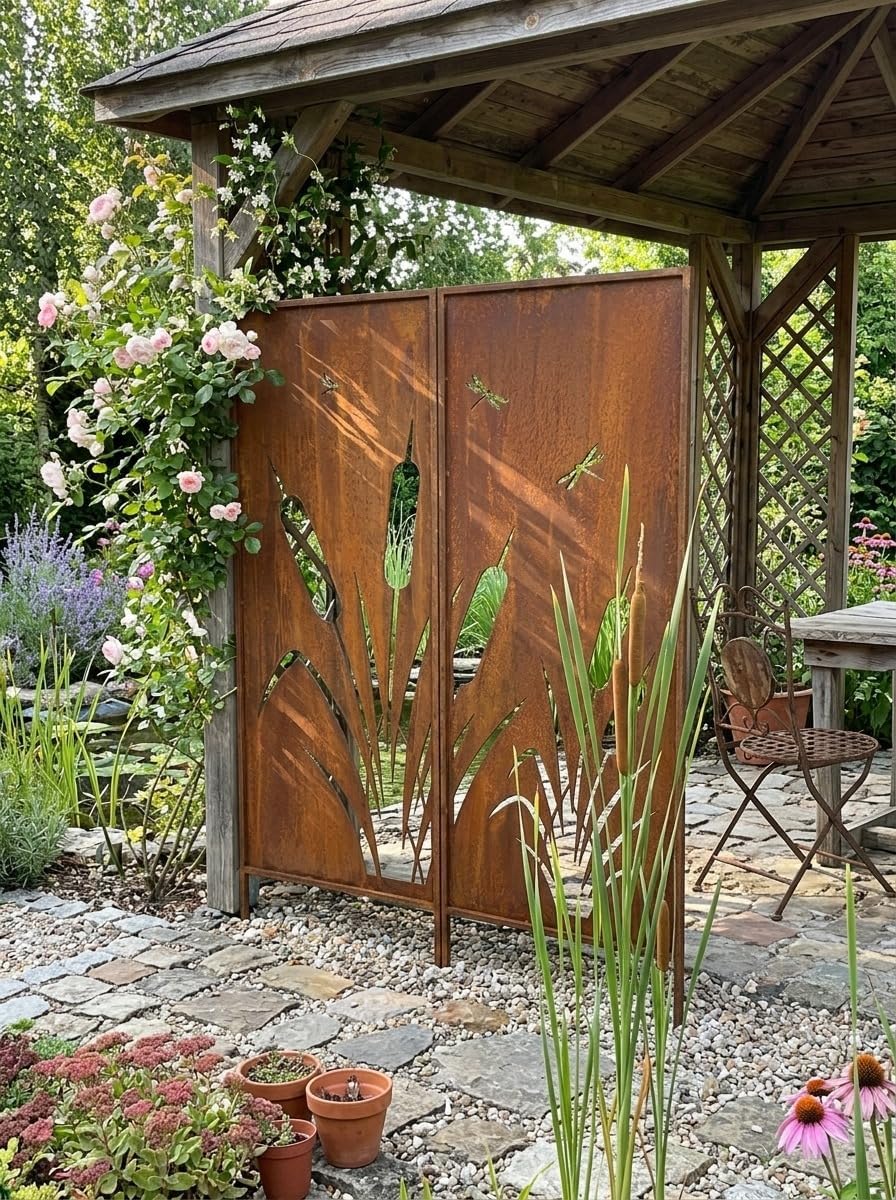 2er-Set Sichtschutz Gartenpaneel Metall – Motiv Schilfgras, 160 × 50 cm