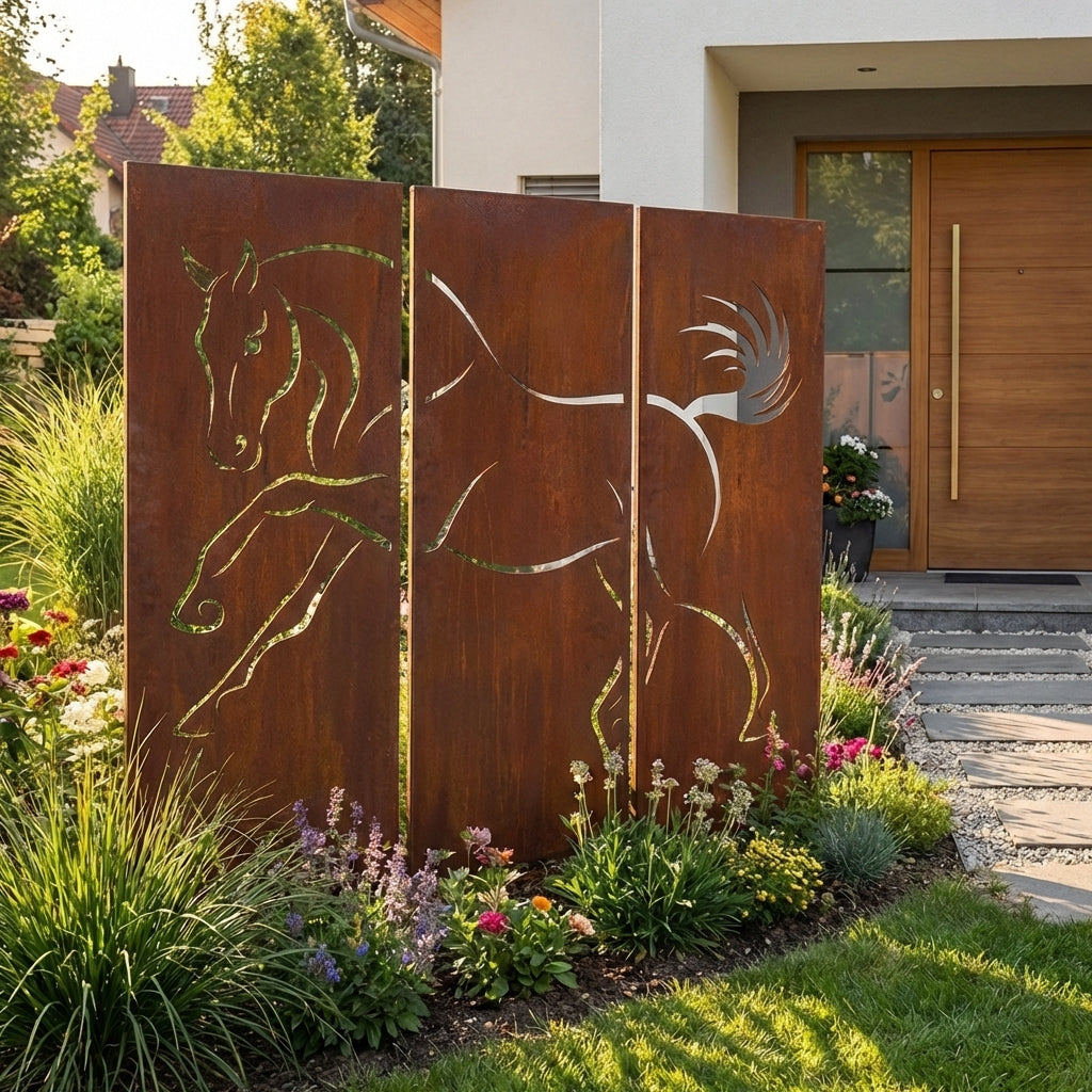 3er-Set Sichtschutz Gartenpaneel Metall – Motiv Pferd, 160 × 50 cm
