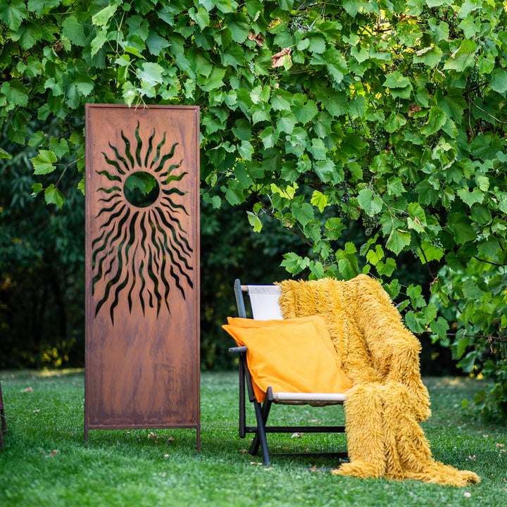 Sichtschutz Gartenpaneel Metall – Motiv Sonne, 160 × 50 cm