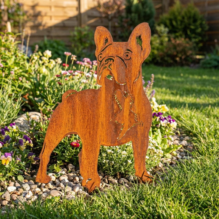 Edelrost Gartenstecker French Bulldog – Hundesilhouette aus Metall, 23 cm