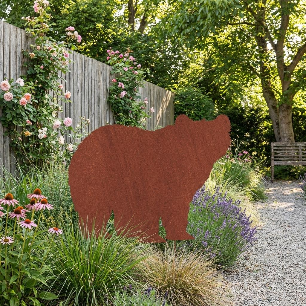 Gartenstecker Bär aus Metall – dekorative Gartenfigur in natürlicher Rostoptik