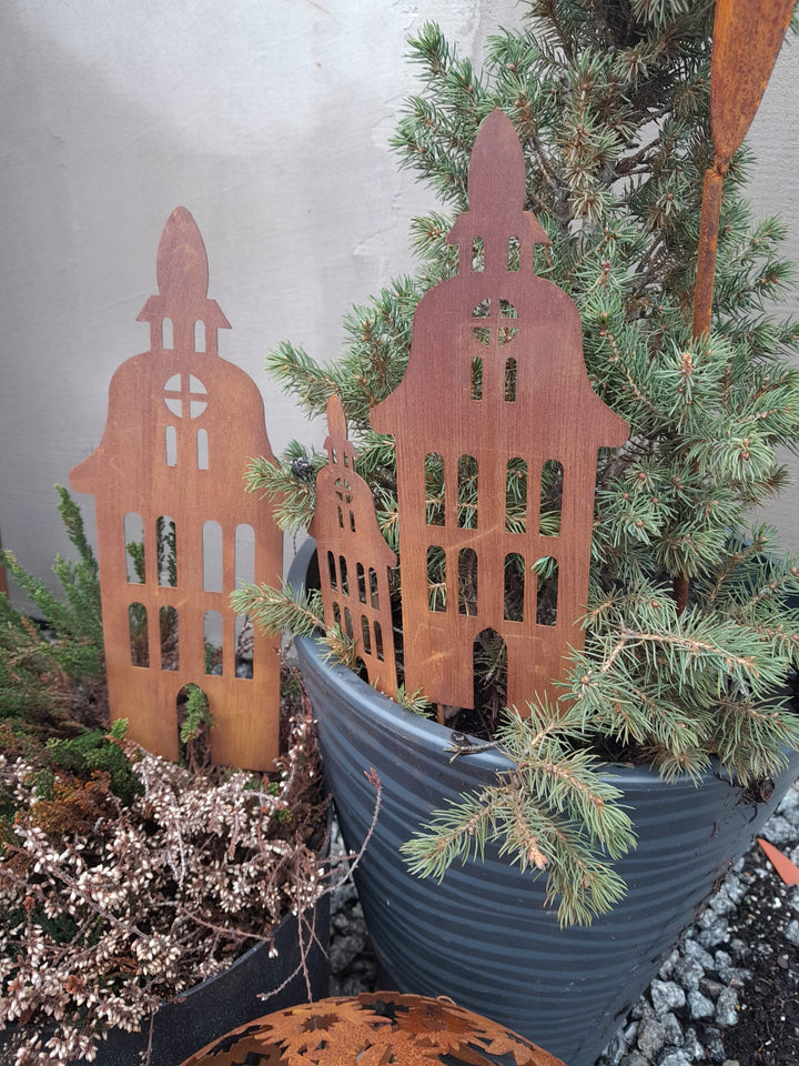 Set of Rusty Metal Garden Stakes - Houses