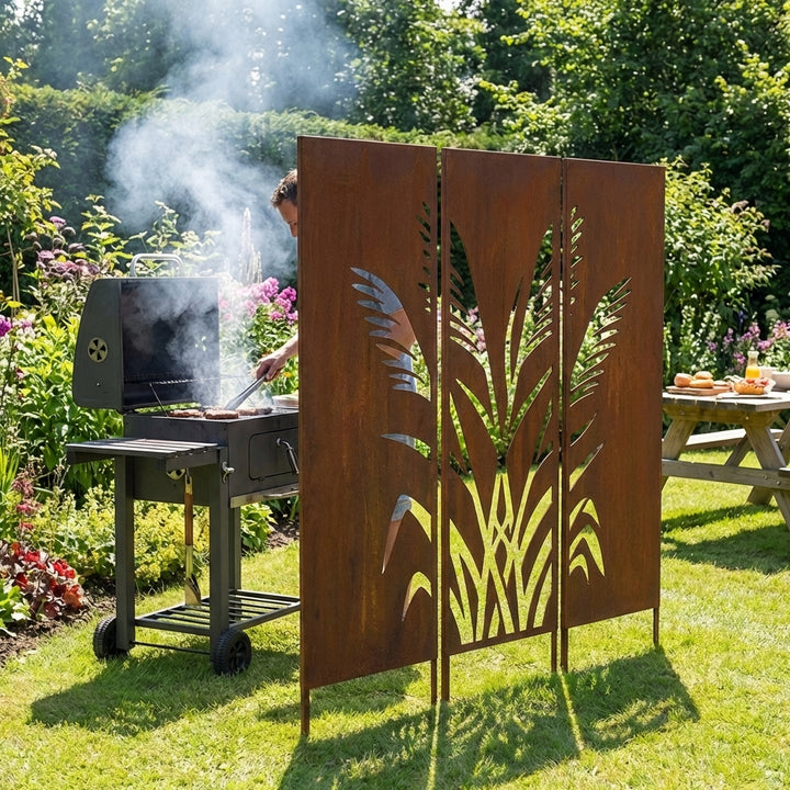 3er-Set Sichtschutz Gartenpaneel Metall – Motiv Schilf, 160 × 50 cm