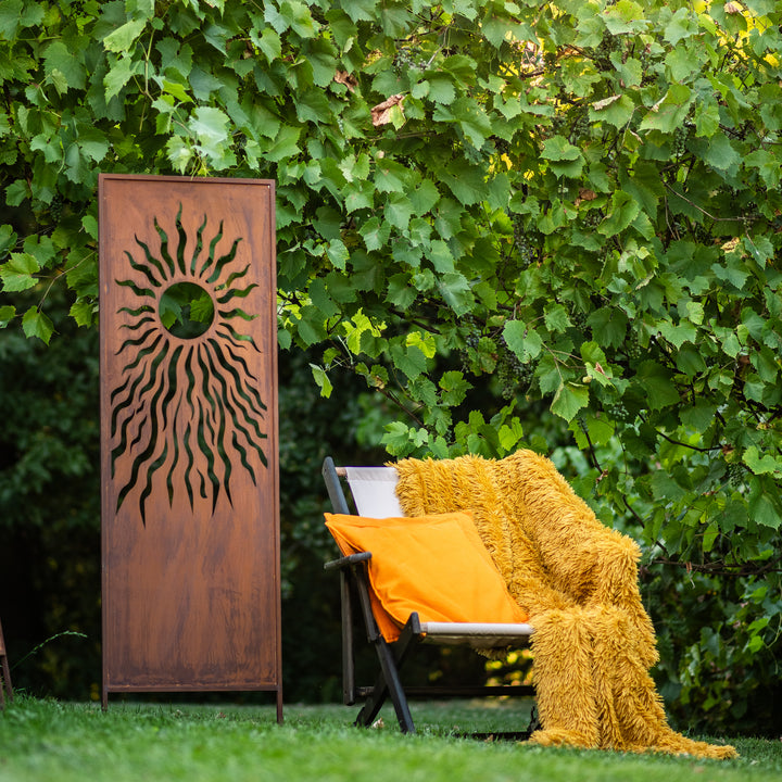 Sichtschutz Gartenpaneel Metall – Motiv Sonne, 160 × 50 cm