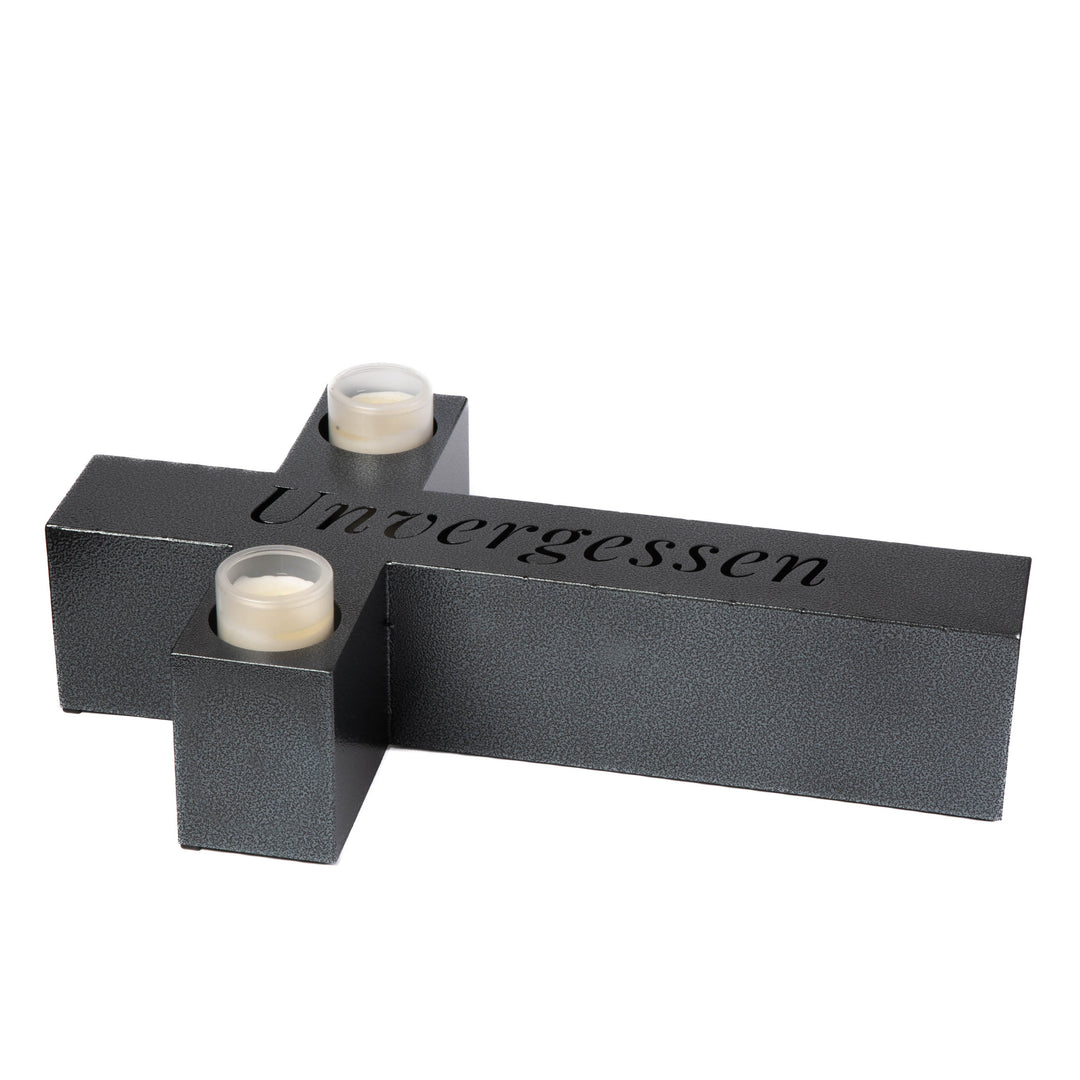 Große Grablicht Kreuz Grabschmuck 50 × 30 cm Marmor – Unvergessen