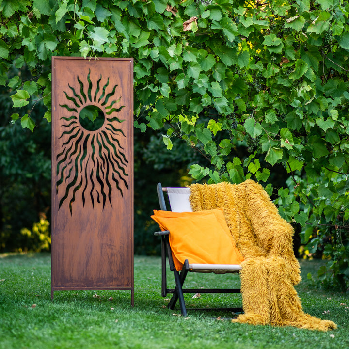 Sichtschutz Gartenpaneel Metall – Motiv Sonne, 160 × 50 cm