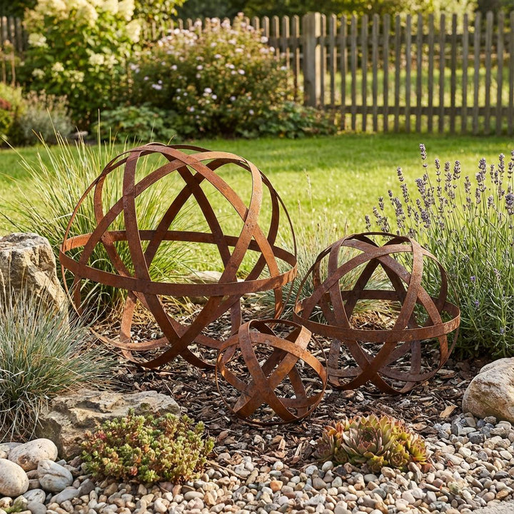 Gartenkugel "Bänder" – Rustikale Rost-Deko aus geflochtenen Metallbändern