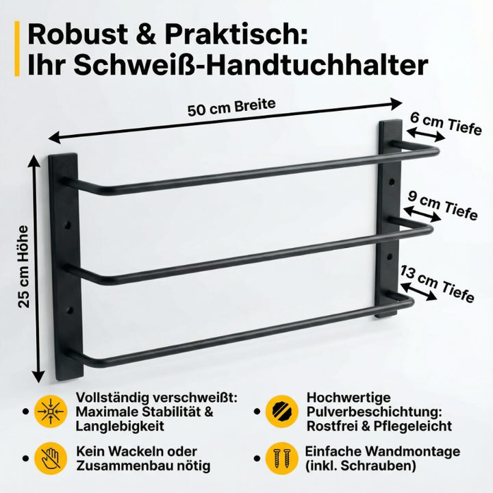 Wandhandtuchhalter LOFT 3-stufig – Schwarz Metall für Bad & Küche