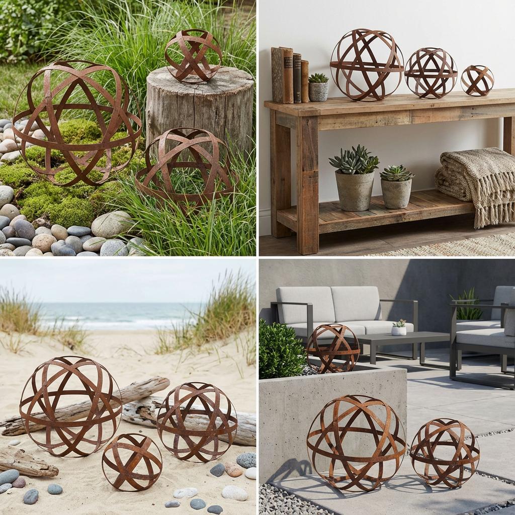 Gartenkugel "Bänder" – Rustikale Rost-Deko aus geflochtenen Metallbändern