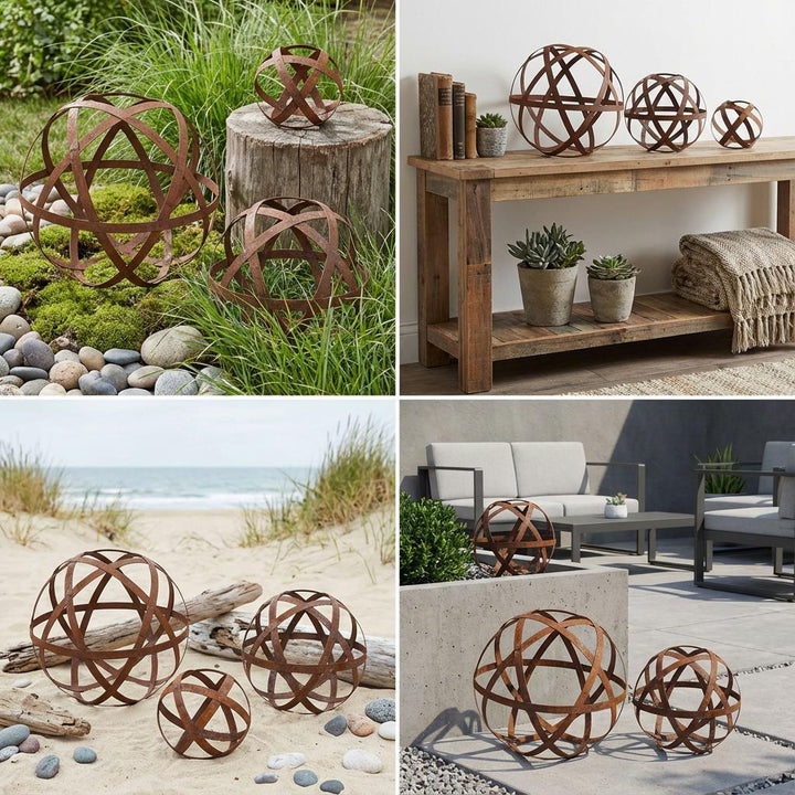 Gartenkugel "Bänder" – Rustikale Rost-Deko aus geflochtenen Metallbändern