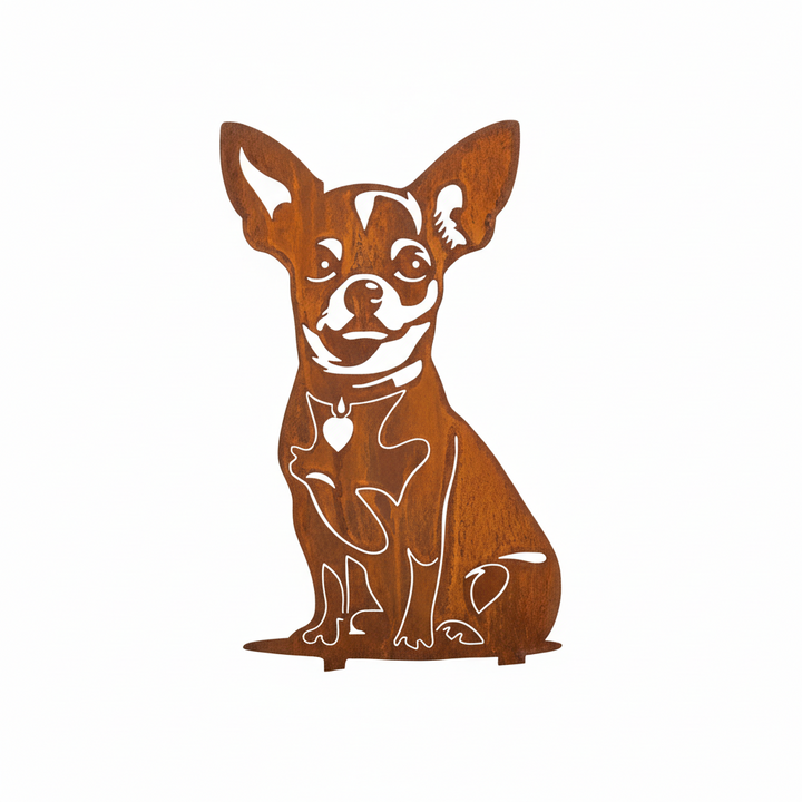 Edelrost Gartenstecker Chihuahua (Kurzhaar) – Hundesilhouette aus Metall, 43 cm