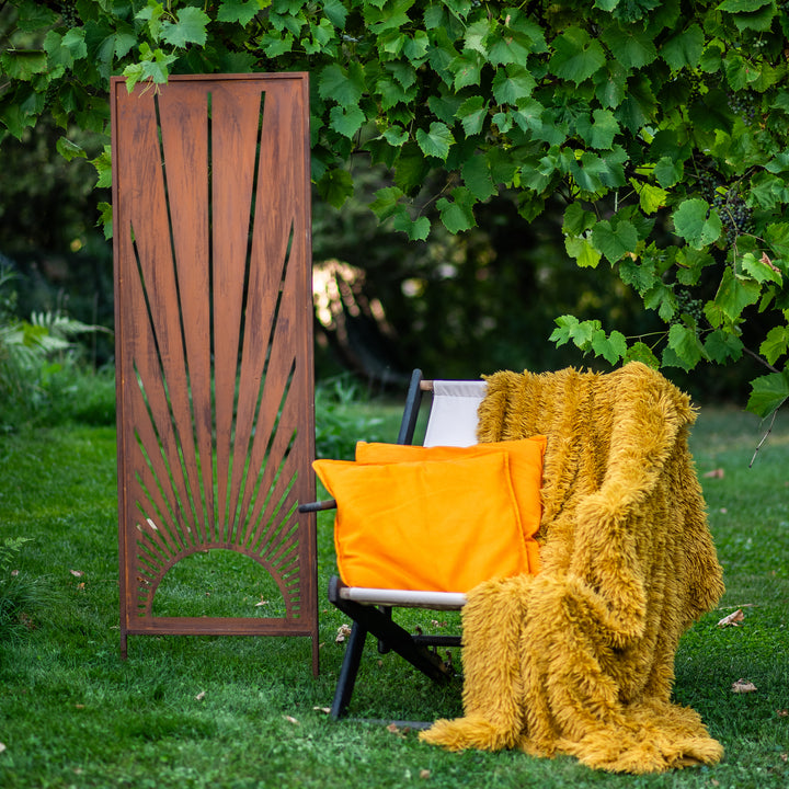 Sichtschutz Gartenpaneel Metall – Motiv Sonnenstrahlen, 160 × 50 cm