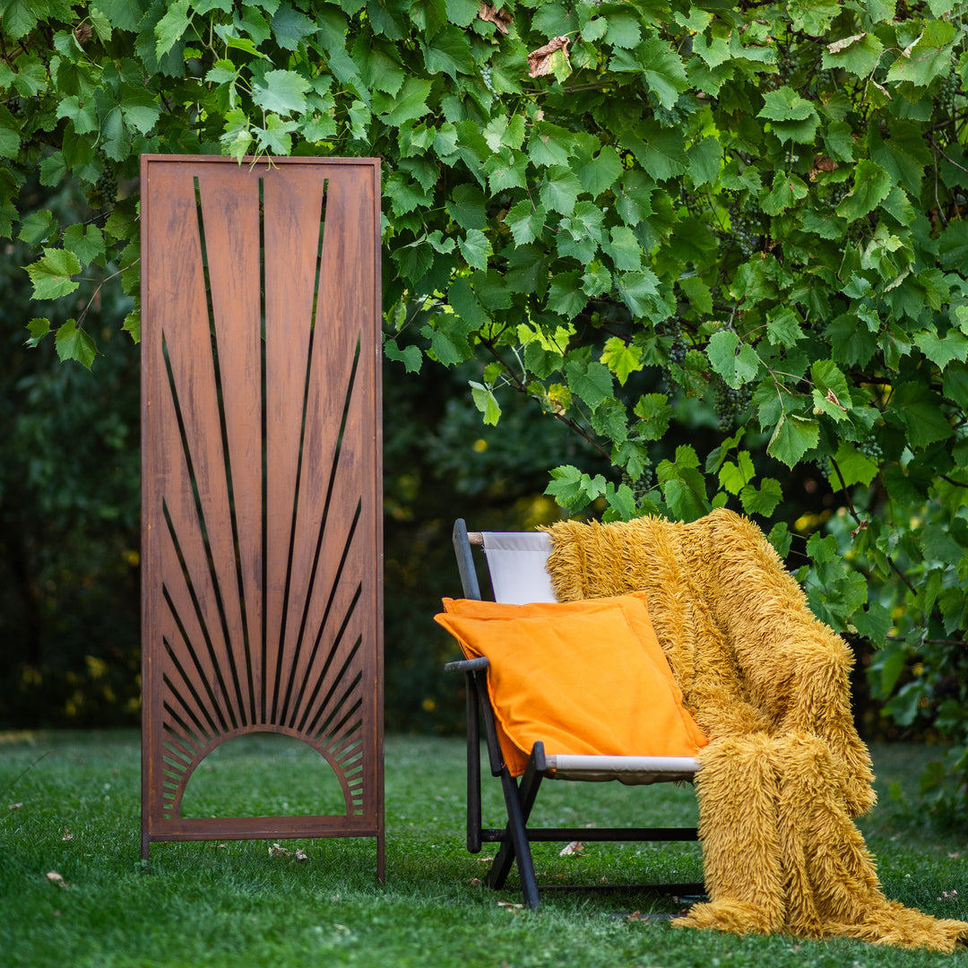 Sichtschutz Gartenpaneel Metall – Motiv Sonnenstrahlen, 160 × 50 cm