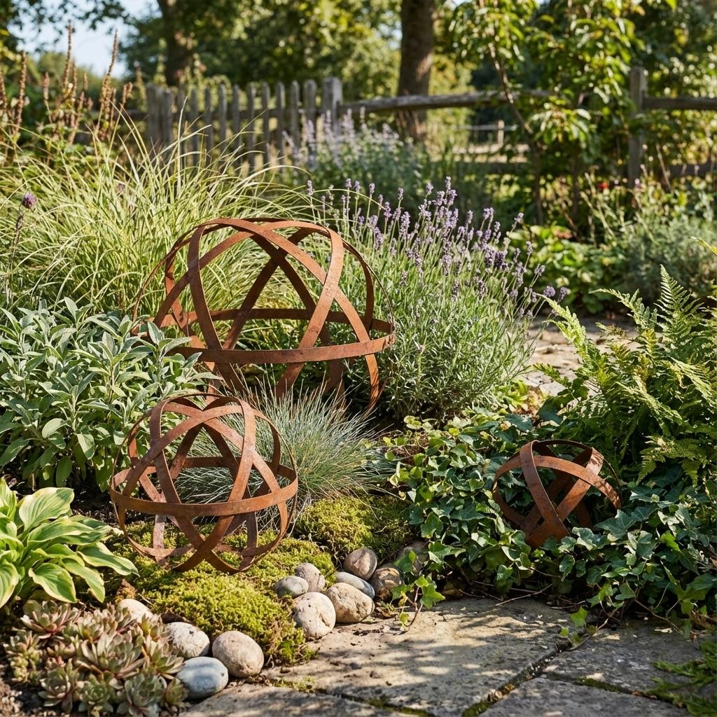 Gartenkugel "Bänder" – Rustikale Rost-Deko aus geflochtenen Metallbändern