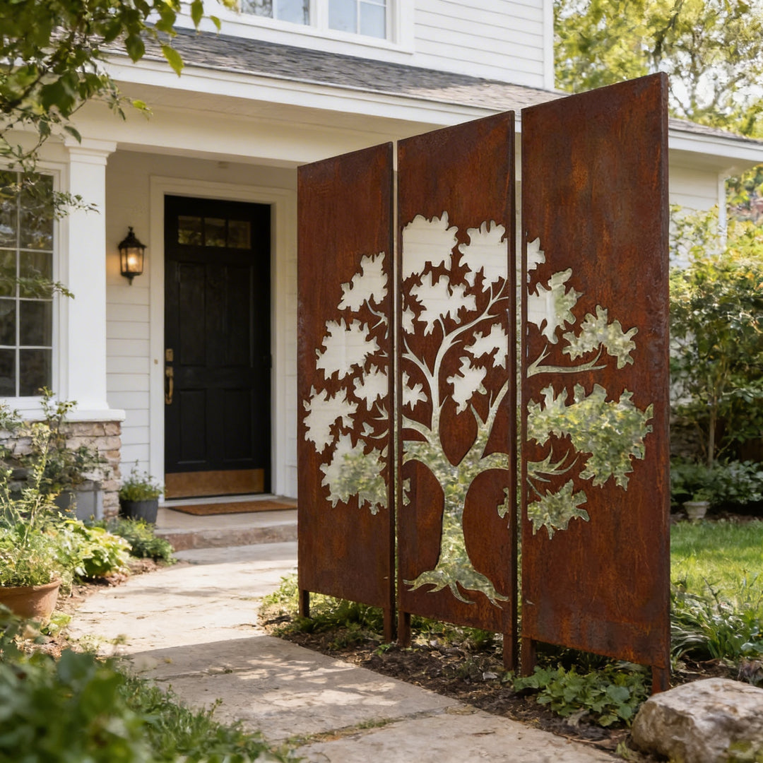 3er-Set Sichtschutz Gartenpaneel Metall – Motiv Baum, 160 × 50 cm