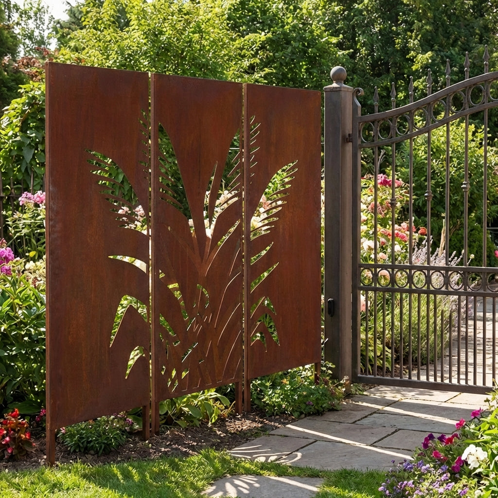 3er-Set Sichtschutz Gartenpaneel Metall – Motiv Schilf, 160 × 50 cm