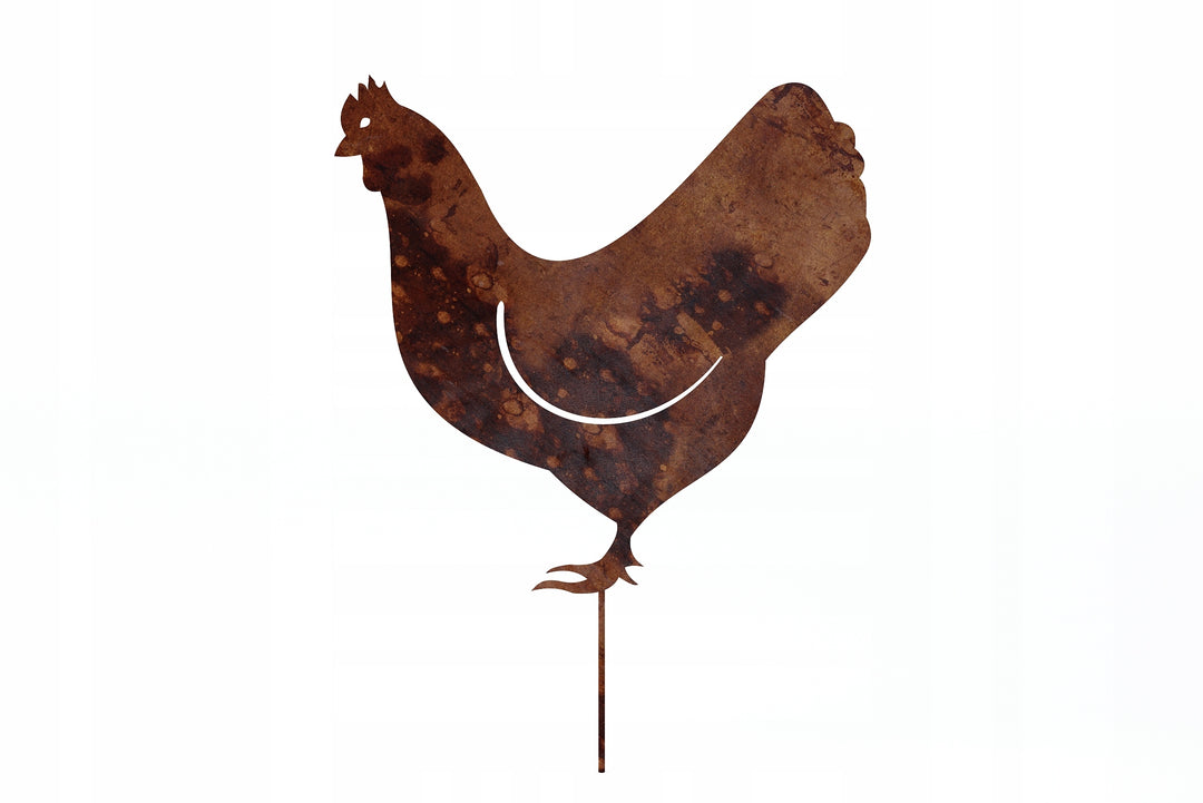 Edelrost Gartenfigur Huhn – Metallfigur auf Einschlagbeinen, 31 cm