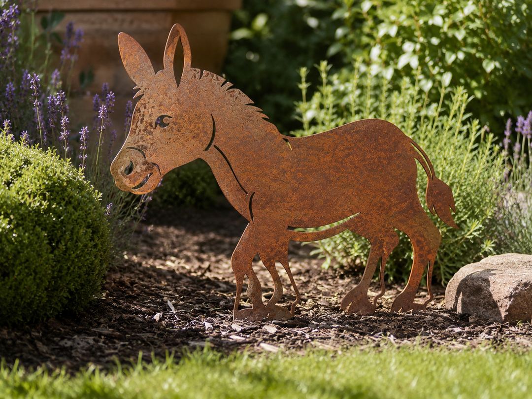 Metall Gartendeko Esel 80 cm – patinierter Stahl mit Corten-Effekt