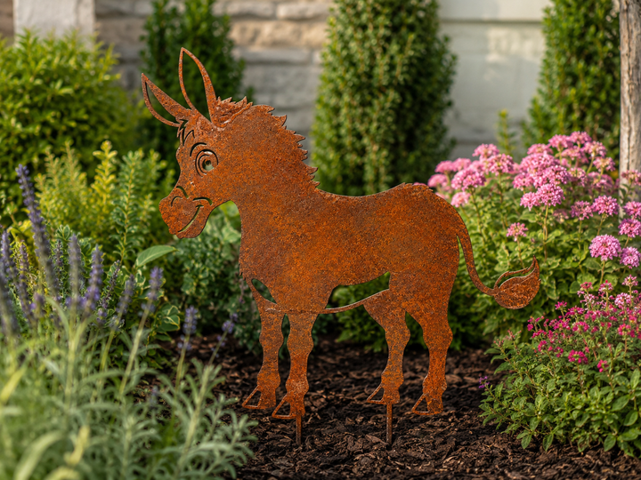 Metall Gartendeko Esel 80 cm – patinierter Stahl mit Corten-Effekt