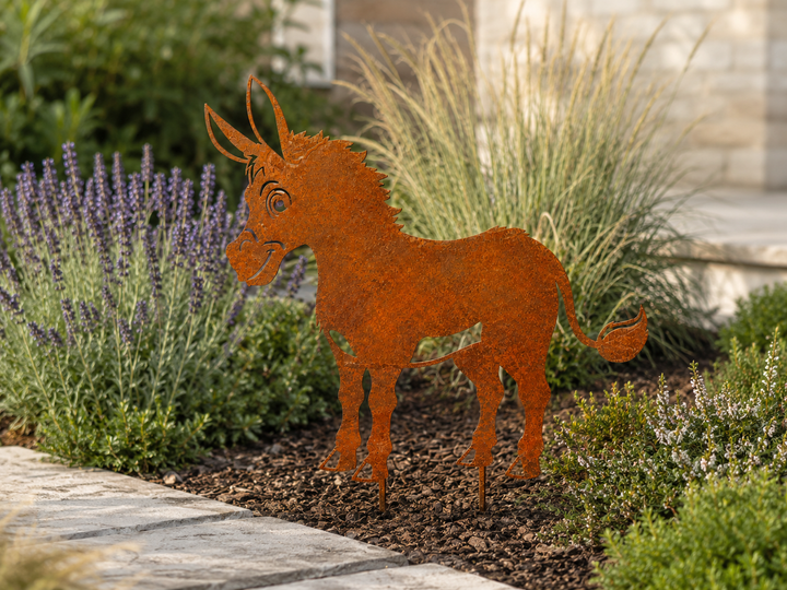 Metall Gartendeko Esel 80 cm – patinierter Stahl mit Corten-Effekt